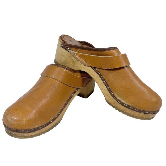 Vintage Tretorn ABBA Wooden Slippers Clogs Women 5 (35) Tan Leather Sweden 1970 - Picture 1 of 14